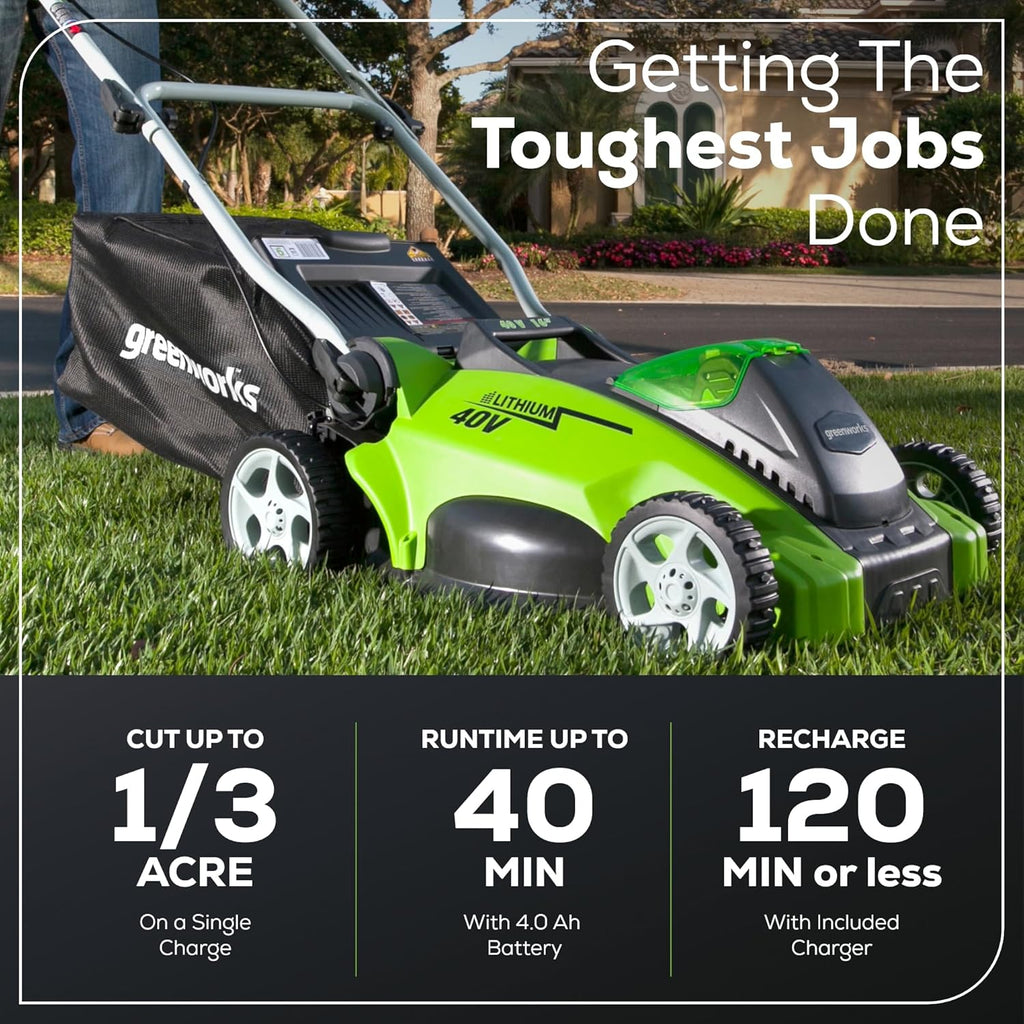 Greenworks 40V 16" Cordless Lawn Mower  Ultra-Light Push Mower with 4.0Ah Battery & Charger(75+ Tool Compatibility  45Min Runtime)