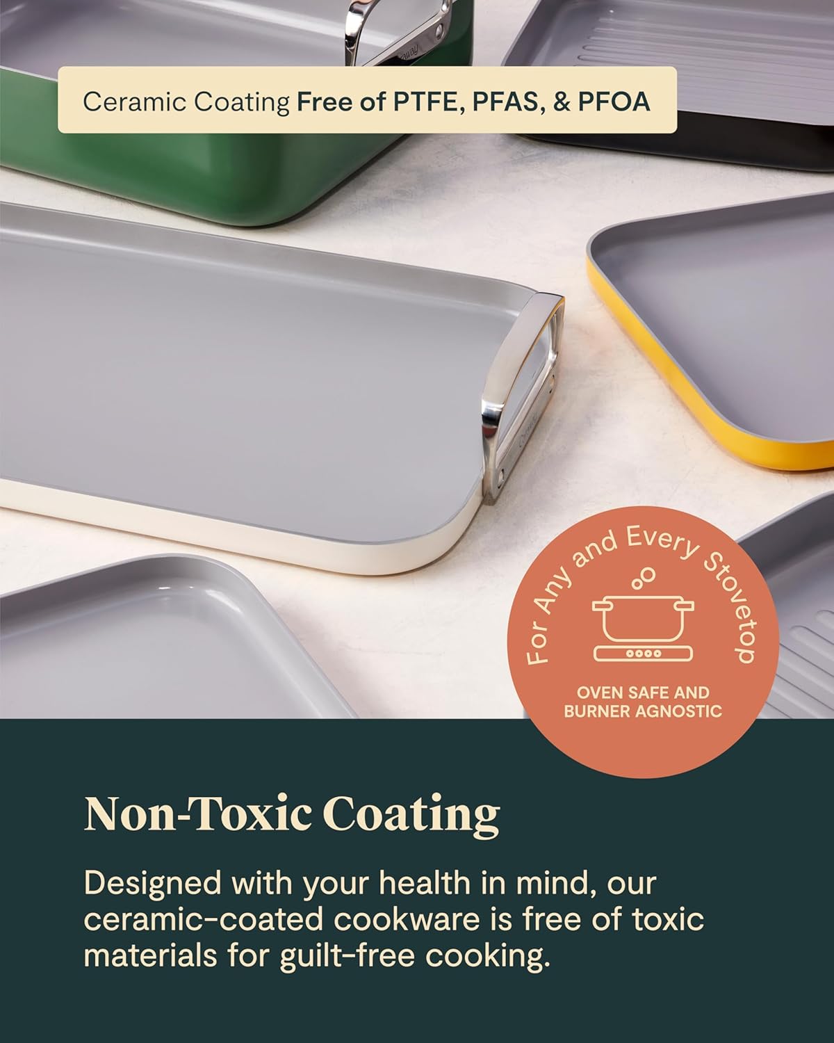 Caraway Square Cookware Set - Square Pans Set - Perfect for Griddling, Toasting, Searing, Roasting, and More - Non-Stick Ceramic Coated Pans - Non Toxic, PTFE & PFOA Free - Cream
