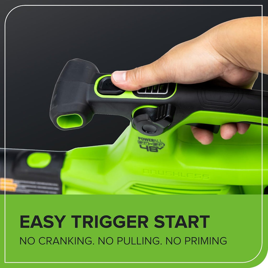 Greenworks 48V (24V x 2) Cordless Brushless Leaf Blower/Vacuum (520 CFM / 240 MPH) with Bag  Powerful & Efficient for Yard Debris Cleanup  Includes (2) 4.0Ah Battery & Dual Port Charger