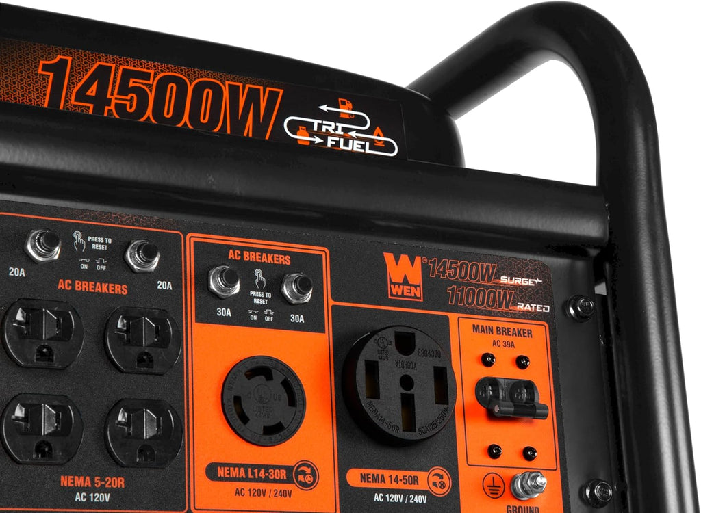 WEN 14 500-Watt 120V/240V Tri-Fuel Generator for Gas  Propane  and Natural Gas  Transfer-Switch Ready with Electric Start  Wheel Kit  and CO Watchdog (TF1450X)