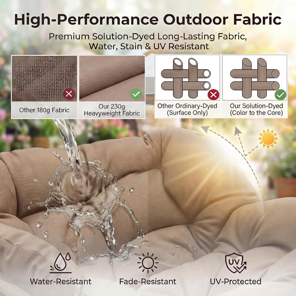 NICESOUL 2-Piece Outdoor Patio Papasan Rocking Chair  Cozy Oversized Wicker Gliding Lounge Chairs for Balcony  Patio or Porch  Wide & Large Double Royal Rocker with Comfy Padded Cushion  Brown/Tan