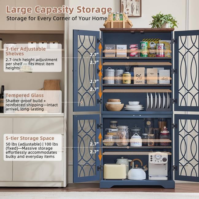 67" Tall Bookshelf, Rustic Book Shelf w/Vintage Pattern Tempered Glass Doors, 5-Tier Wood Bookcase with Adjustable Storage Shelves, Retro Curio Display Cabinet for Living Room, Navy Blue
