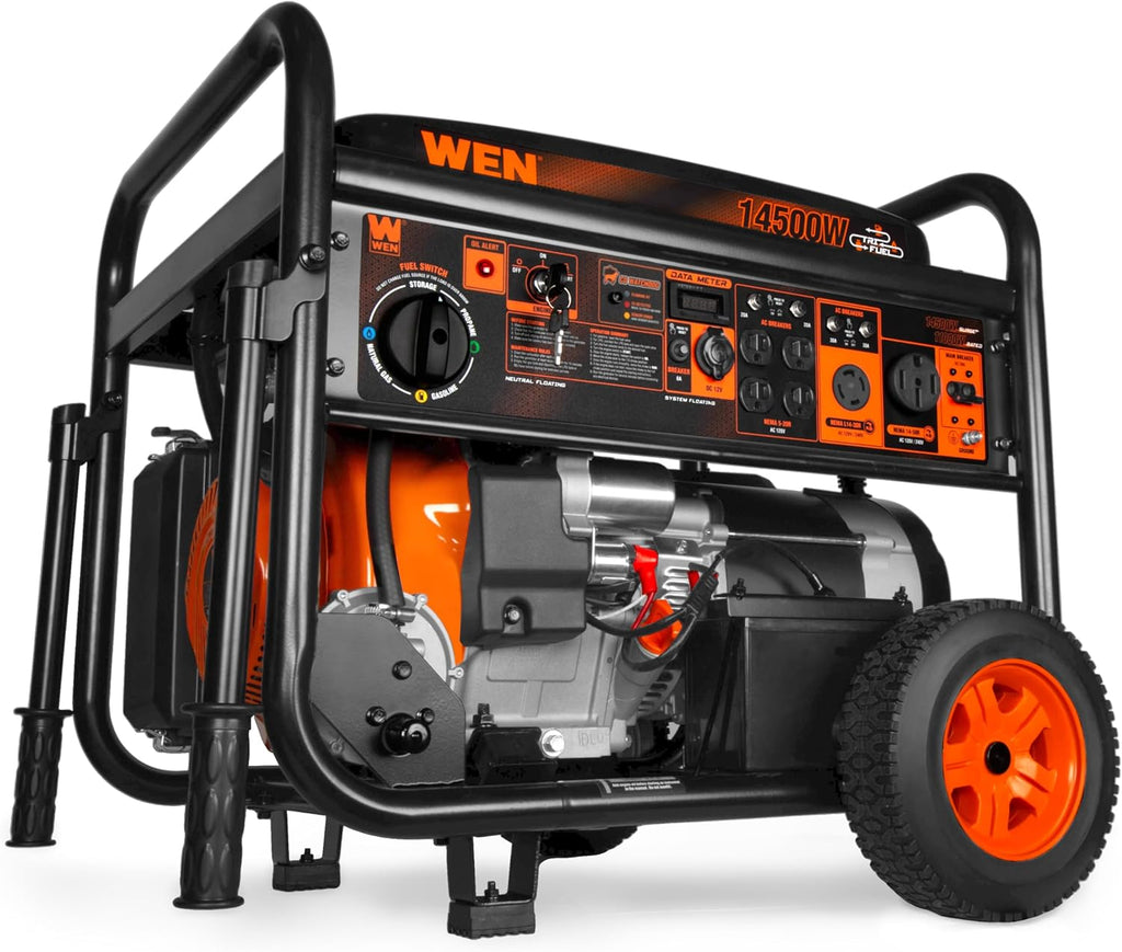 WEN 14 500-Watt 120V/240V Tri-Fuel Generator for Gas  Propane  and Natural Gas  Transfer-Switch Ready with Electric Start  Wheel Kit  and CO Watchdog (TF1450X)