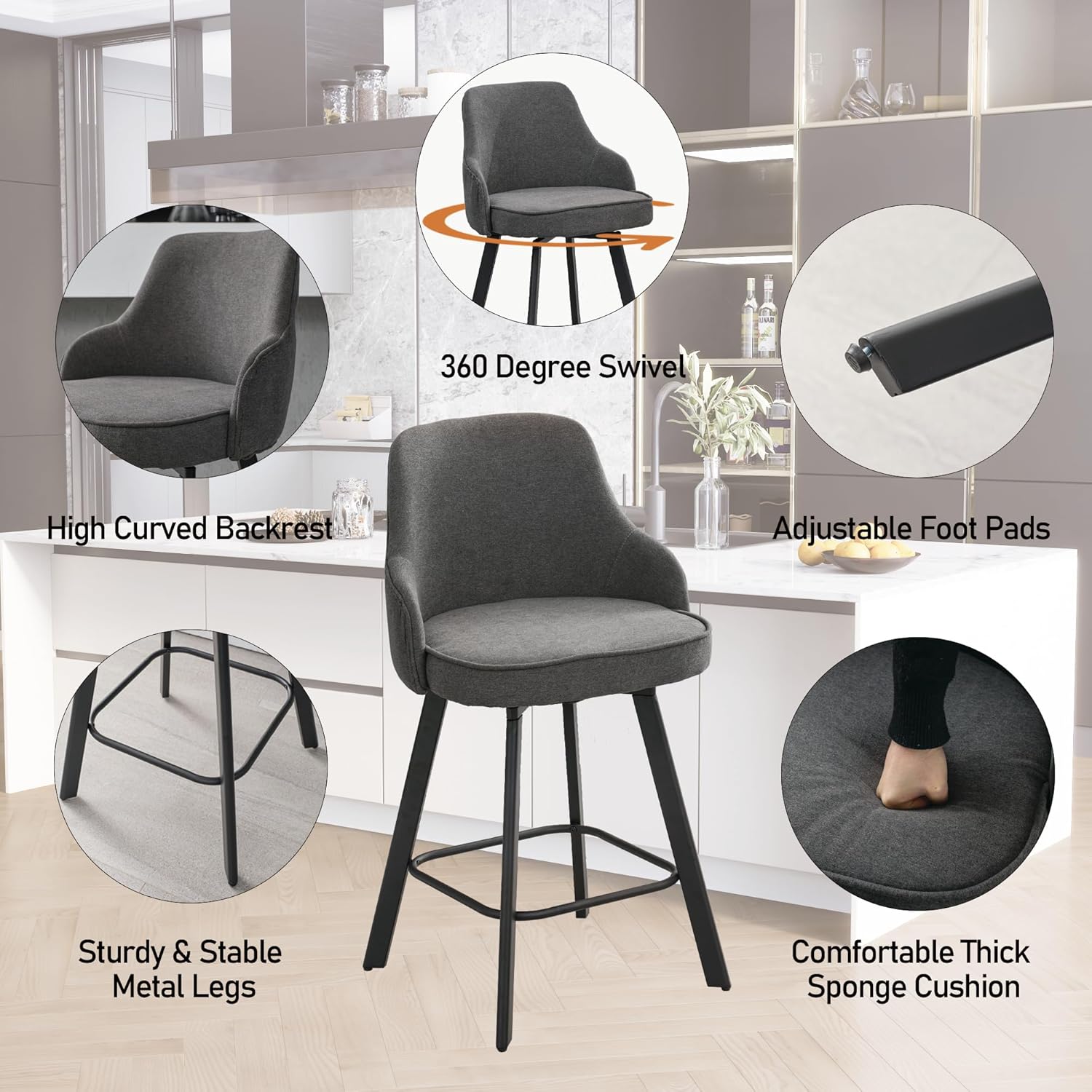 Bar Stools Set of 3, 26" Swivel Counter Height Bar Stools with High Back, Linen Kitchen Barstools Counter Height for Kitchen Island (Dark Grey, 3PCS 26" Counter Stools)