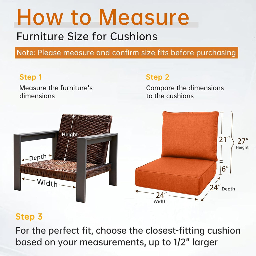 Belord Luxury 6" Thick Outdoor Cushion 5 Set - 24 x24 Inch 28D Sponge Filling Fade-Resistant Chair Cushion  Spill Proof Removable Patio Furniture Replacement Cushion for Sofa Bench Swing - Orange