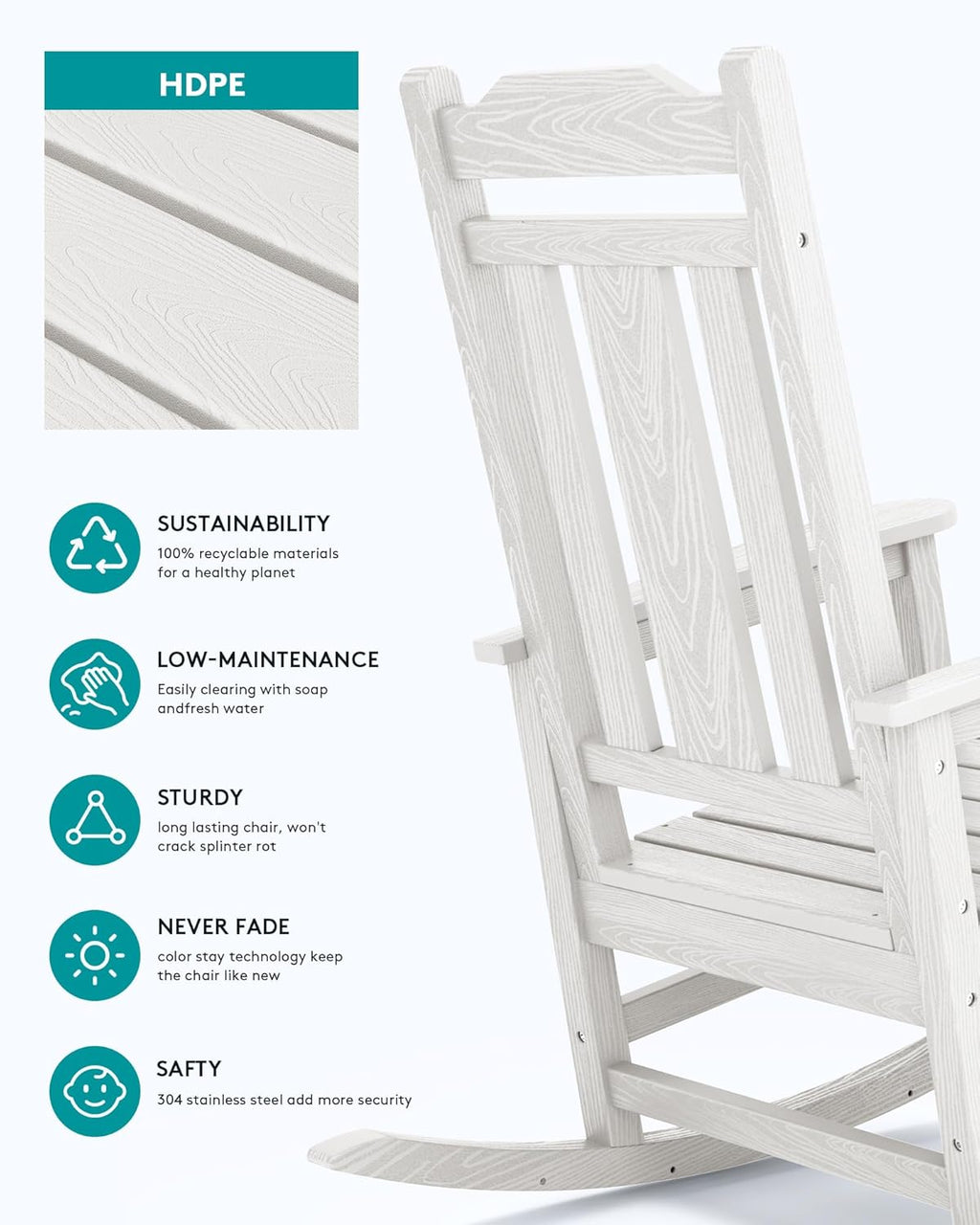 SERWALL Oversized Outdoor Rocking Chair Set of 4  HDPE Outdoor Rocking Chair for Adults  White