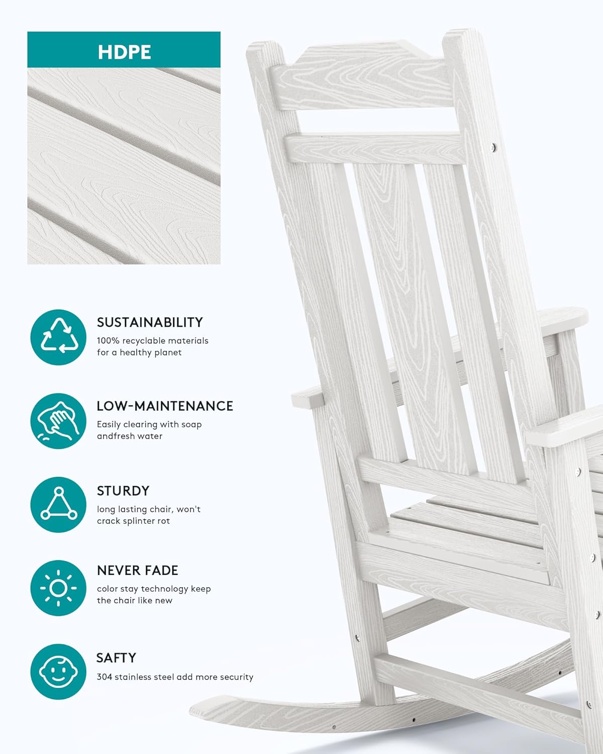 SERWALL Oversized Outdoor Rocking Chair Set of 4  HDPE Outdoor Rocking Chair for Adults  White