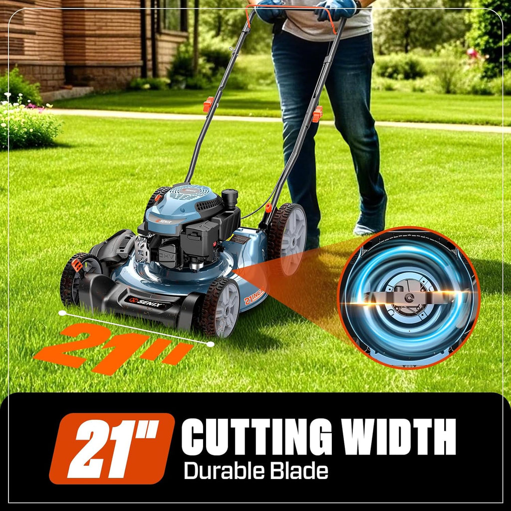 SENIX 144 cc Gas Lawn Mower  21 inch 2-in-1 Push with Mulching and Side Discharge  4-Cycle Engine  6 Position Cutting Height Adjustment for Yard and Garden