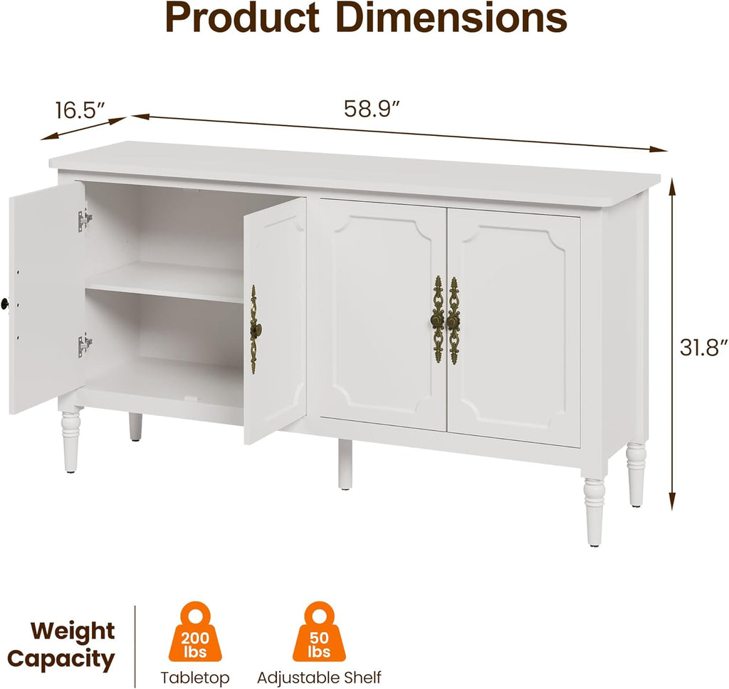 RoyalCraft 59" Buffet Cabinet with Storage, Vintage Sideboard with Adjustable Shelves & Carved Handle, Mid Century Modern Painted Credenza Coffee Bar for Kitchen, Dining Room, Satin White