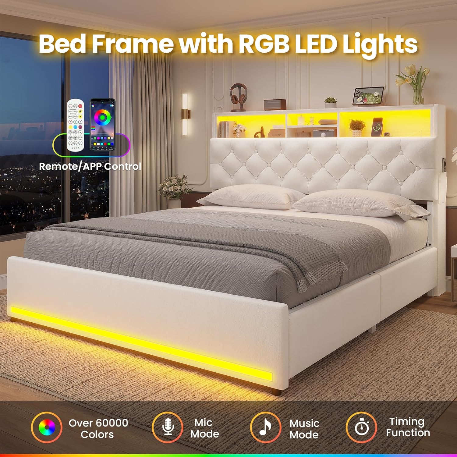 Queen Bed Frame with Bookcase Headboard,LED Bed Frame with 4 Storage Drawers,Power Outlet, Modern Velvet Upholstered Platform Bed with 5 Shelf, No Box Spring Needed, Creamy White