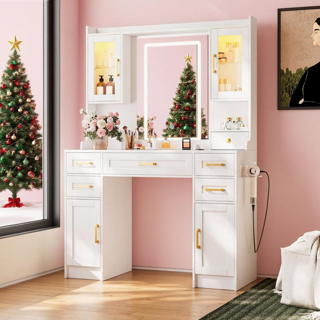 NUNU LAB Makeup Vanity Desk with Mirror and Lights, White Dressing Table with Charging Station, Makeup Vanity with RGB Cabinets and 7 Drawers RGB Cabinets, 3 LED Light Modes (043 White)