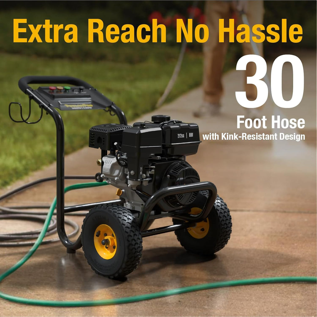 Poulan Pro Gas Pressure Washer  3400 PSI & 2.6 GPM  212cc 4-Cycle High Pressure Washer with 30ft Hose  21" Spray Lance  5 Nozzles for Cleaning Cars Driveways Patios Fences Furnitures