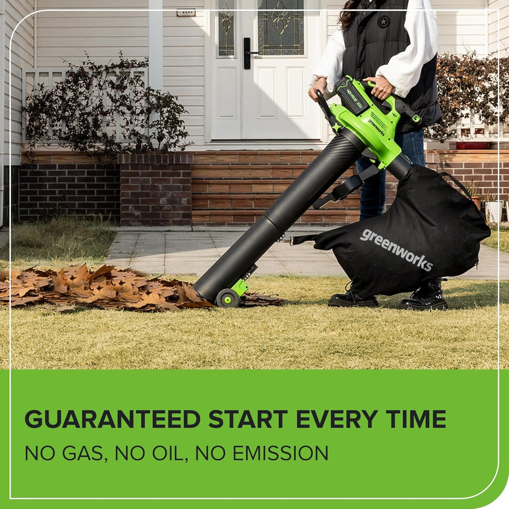 Greenworks 40V (230 MPH / 505 CFM) Cordless Brushless Leaf Blower/Vacuum with Bag  High Power  Lightweight & Quiet for Yard Debris Cleanup  Includes 5.0Ah Battery & Charger