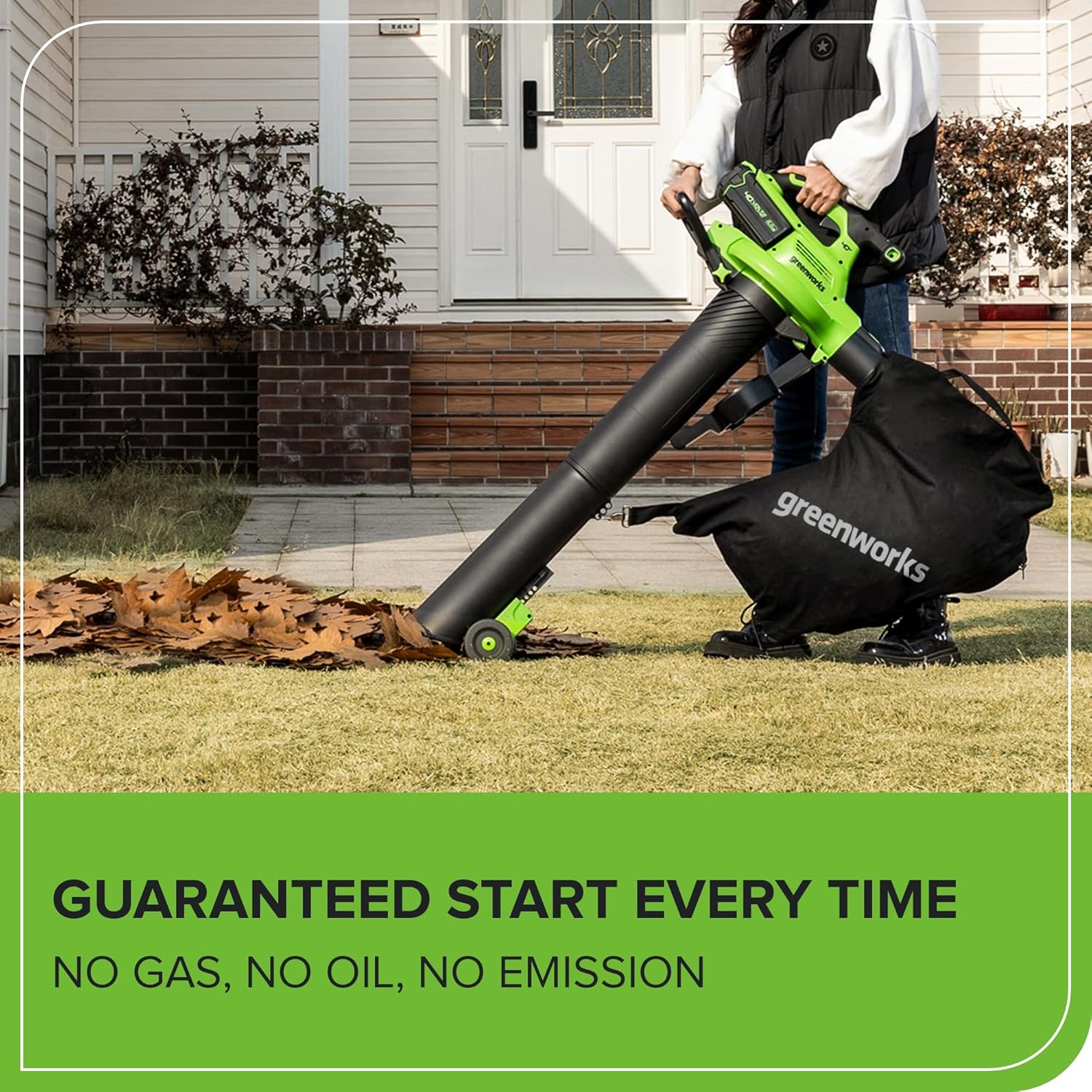 Greenworks 40V (230 MPH / 505 CFM) Cordless Brushless Leaf Blower/Vacuum with Bag  High Power  Lightweight & Quiet for Yard Debris Cleanup  Includes 5.0Ah Battery & Charger