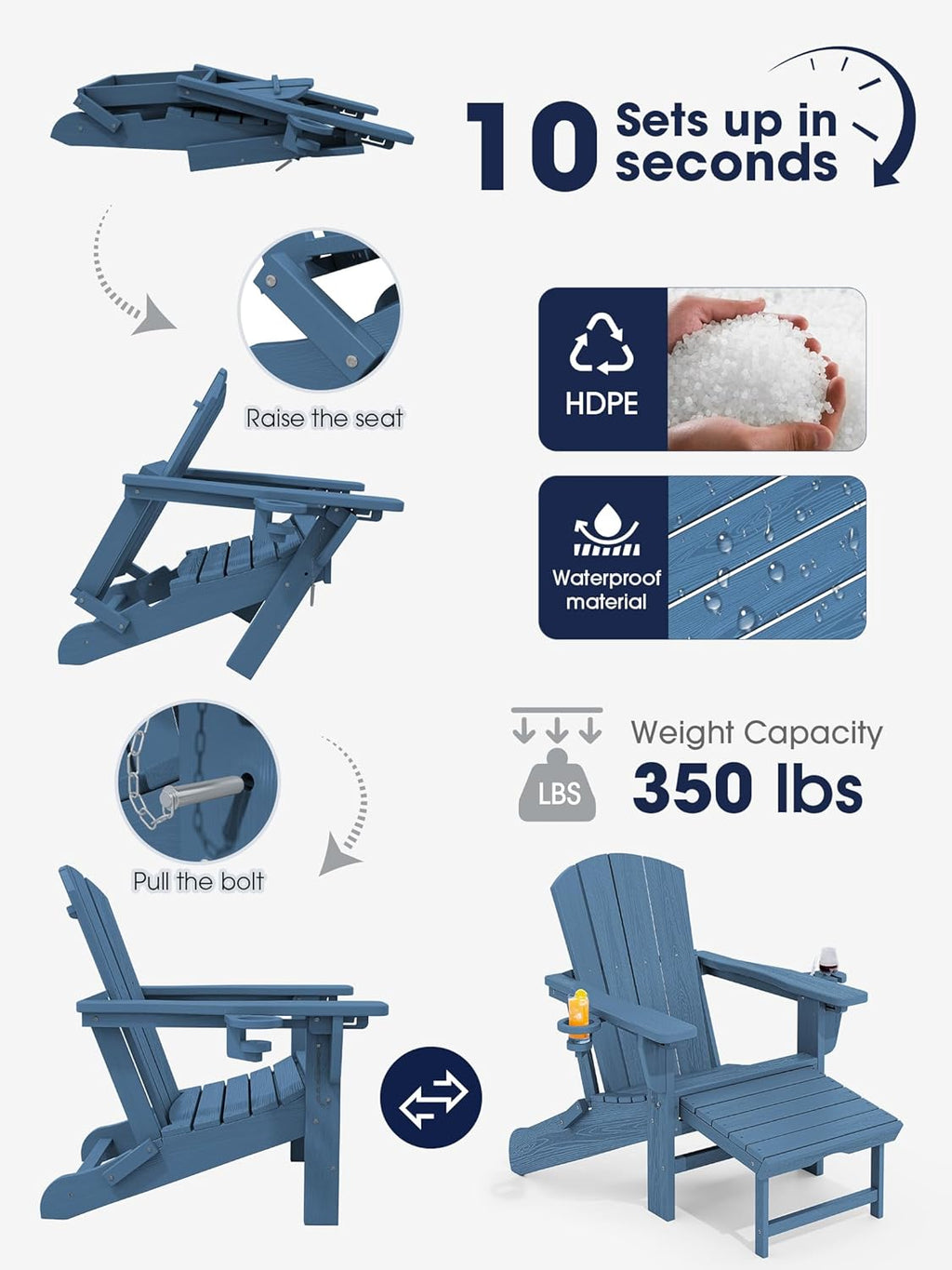 KINGYES Folding Adjustable Adirondack Chair with Retractable Ottoman  HDPE Recliner Adirondack Chair with Cup Holder  Blue