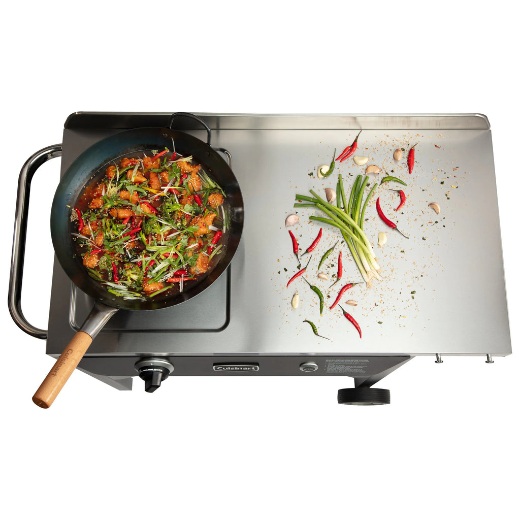 Cuisinart Outdoor Wok Station, 50,000 BTU Propane Outdoor Wok Burner w Prep Table, 14锟芥锟斤拷 Carbon Steel Wok for Stir Fry, Searing, BBQ 锟斤拷 Black
