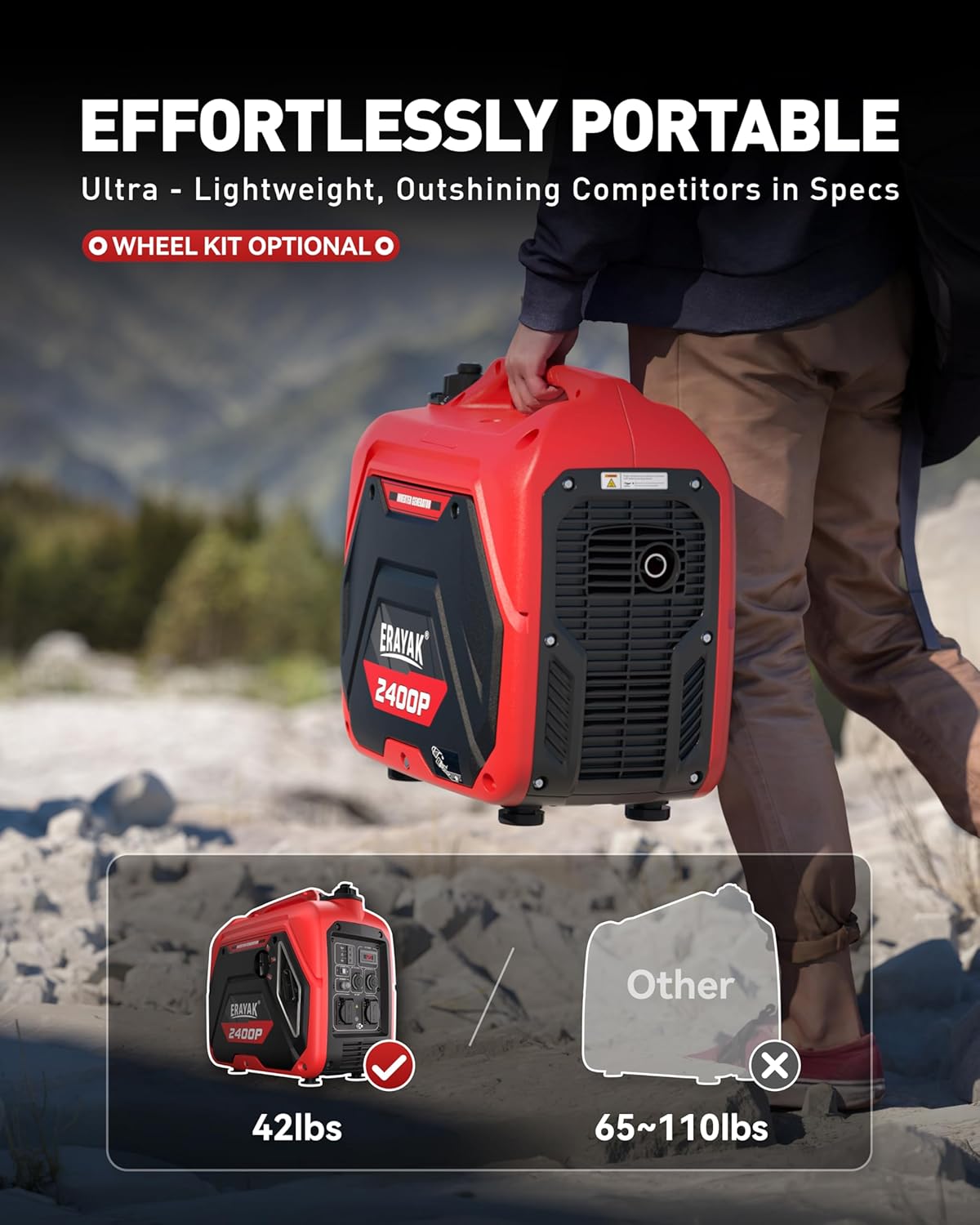 ERAYAK 2400W Portable Inverter Generator for Home Use  Super Quiet Small Generator for Camping Outdoor Emergency Power Backup  Gas Powered Engine  EPA  ECO Mode