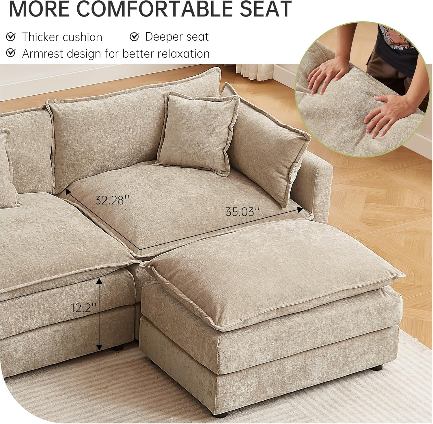 HIPIHOM Modular Sectional Sofa, 112.2 Inch L Shaped Couch Set with Armrests, 3-Seater Comfy Cloud Couches for Living Room Apartment, Coffee