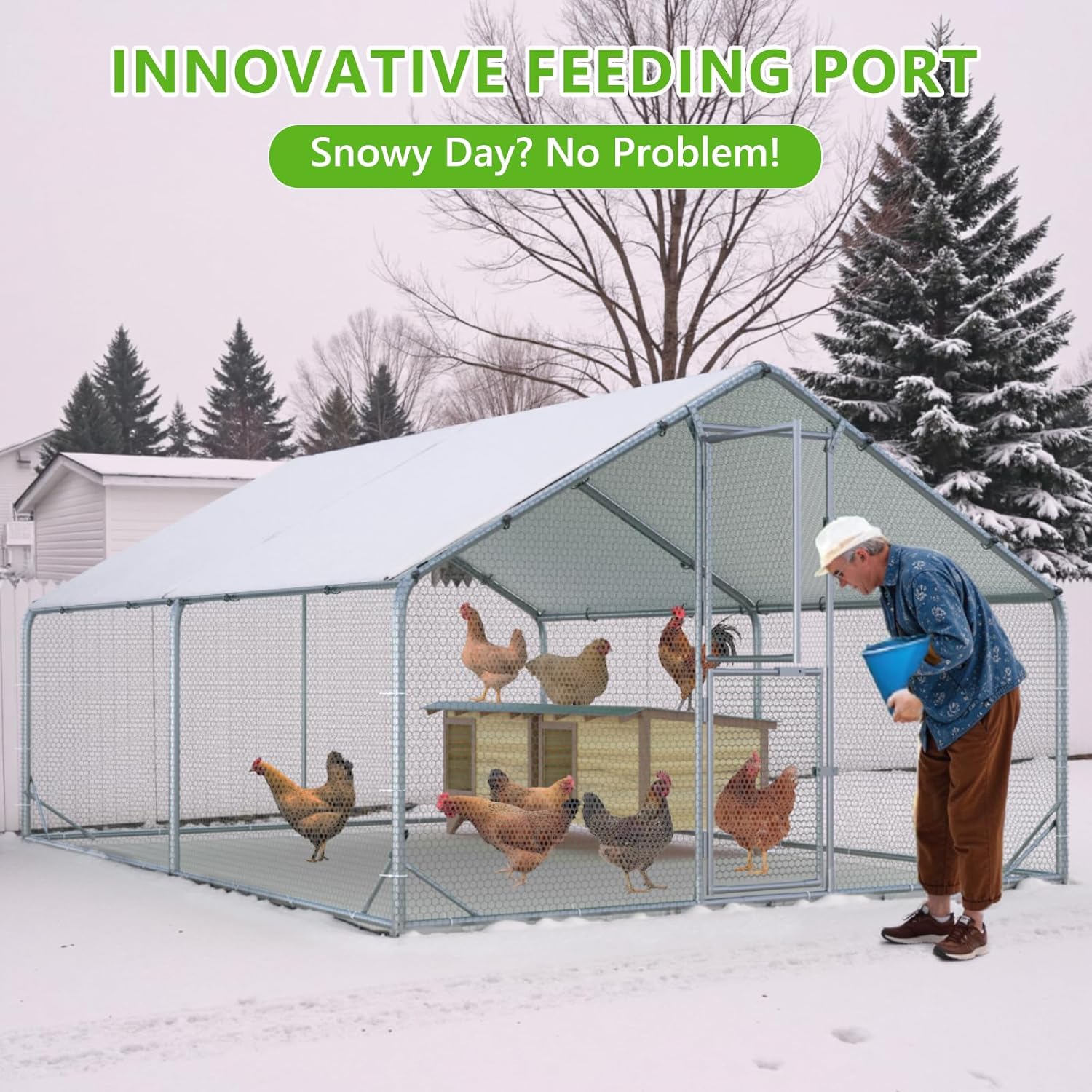 Large Chicken Coop Metal Chicken Run for Yard with Feeding Door Walk-in Chicken Pen for 10-20 Chickens Outdoor Poultry Cage with Anti-UV Cover