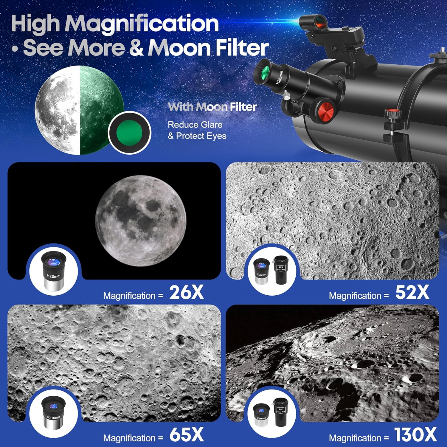 Telescope  150EQ Newtonian Reflector Telescope for Adults Astronomy Beginners  Professional Astronomical Telescopes with Equatorial Mount  Phone Adapter  Tripod  Moon Filter and Large Carry Bag