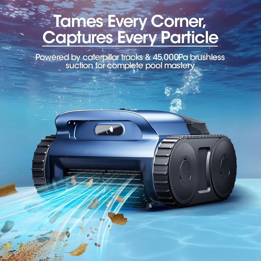 Cordless Robotic Pool Vacuum  Pool Cleaner with Track Drive & Sonar Navigation  180W Brushless Motor  Wall & Waterline Climbing  150-Min Runtime  for Inground Above-Ground 2150 Sq. Ft. (Dark Blue)