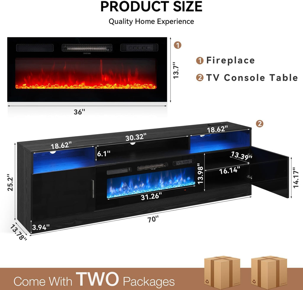 70" Fireplace TV Stand with Power Outlet for TVs UP to 80", Electric Fireplace Entertainment Center with LED Lights & Storage Cabinets, TV Console for Living Room, Office, Black-Black2