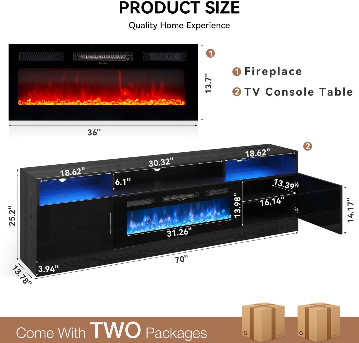 70" Fireplace TV Stand with Power Outlet for TVs UP to 80", Electric Fireplace Entertainment Center with LED Lights & Storage Cabinets, TV Console for Living Room, Office, Black-Black2