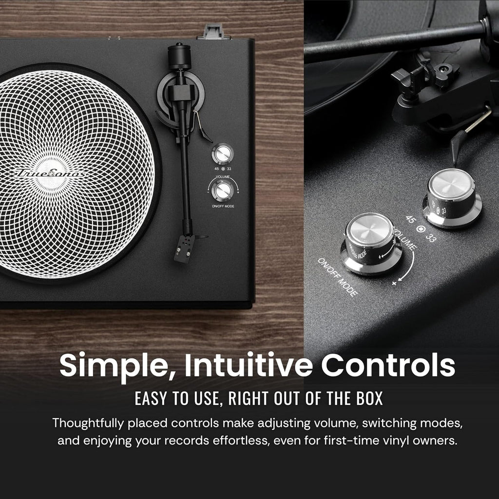 Hi-Fi Record Player with Speakers | Premium Vinyl Turntable with Bluetooth Capability | Built-in 4-Speaker Stereo System for Music Fans  Black Veneer + Silver Trim