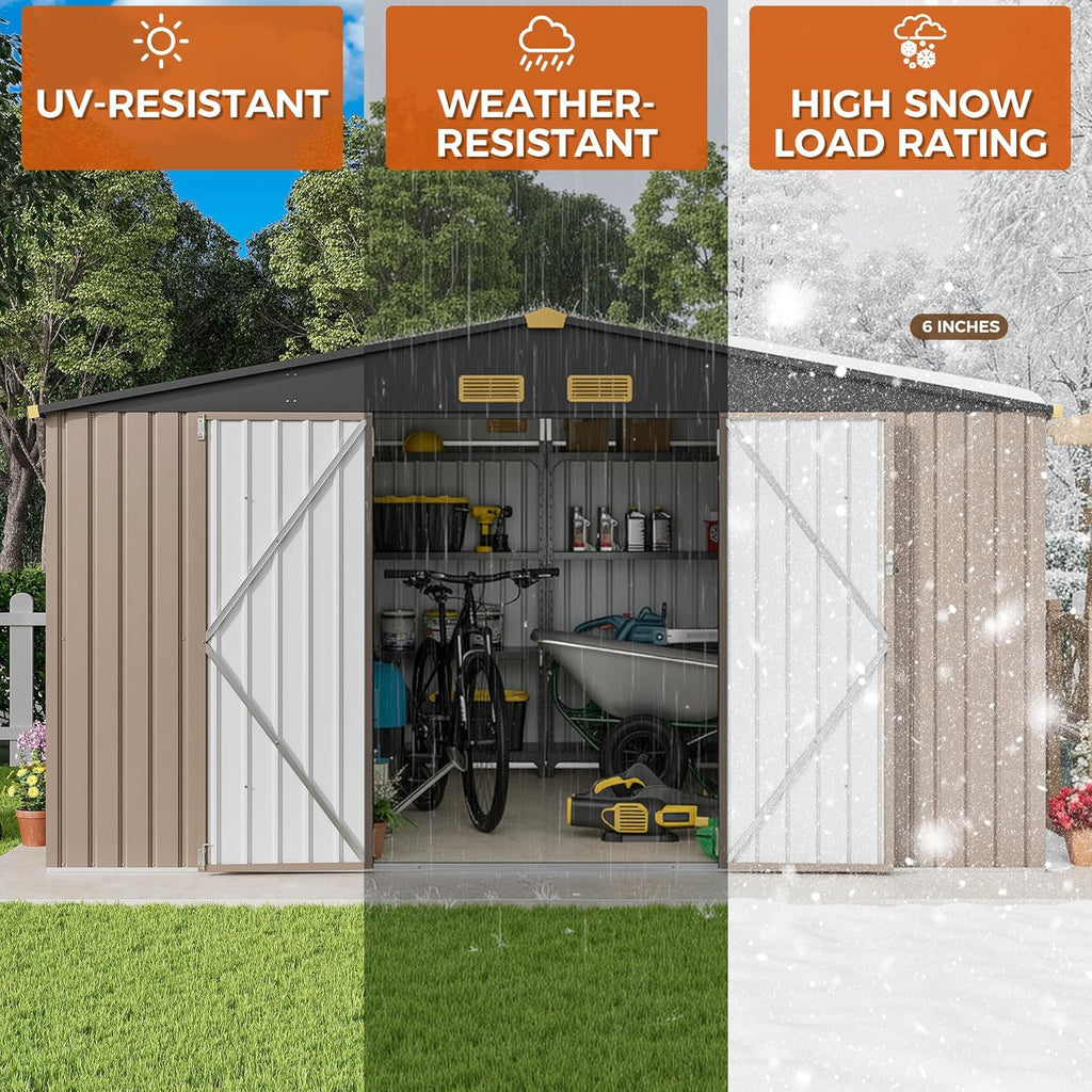 IRONCK 10x12FT Outdoor Storage Shed  Metal Garden Tool Shed with Breathable Vent and Lockable Doors  Outside Storage for Backyard  Poolside  Patio  Brown