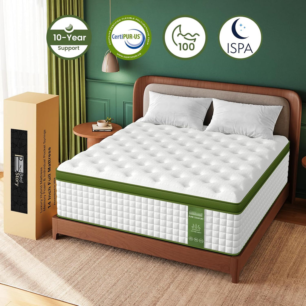 BedStory Extra Firm King Mattress 14 Inch, Hotel Collection Hybrid Mattresses with Zoned Lumbar Support, Extra Back & Hip Support, CertiPUR-US, Fiberglass-Free, 365-Night Trial