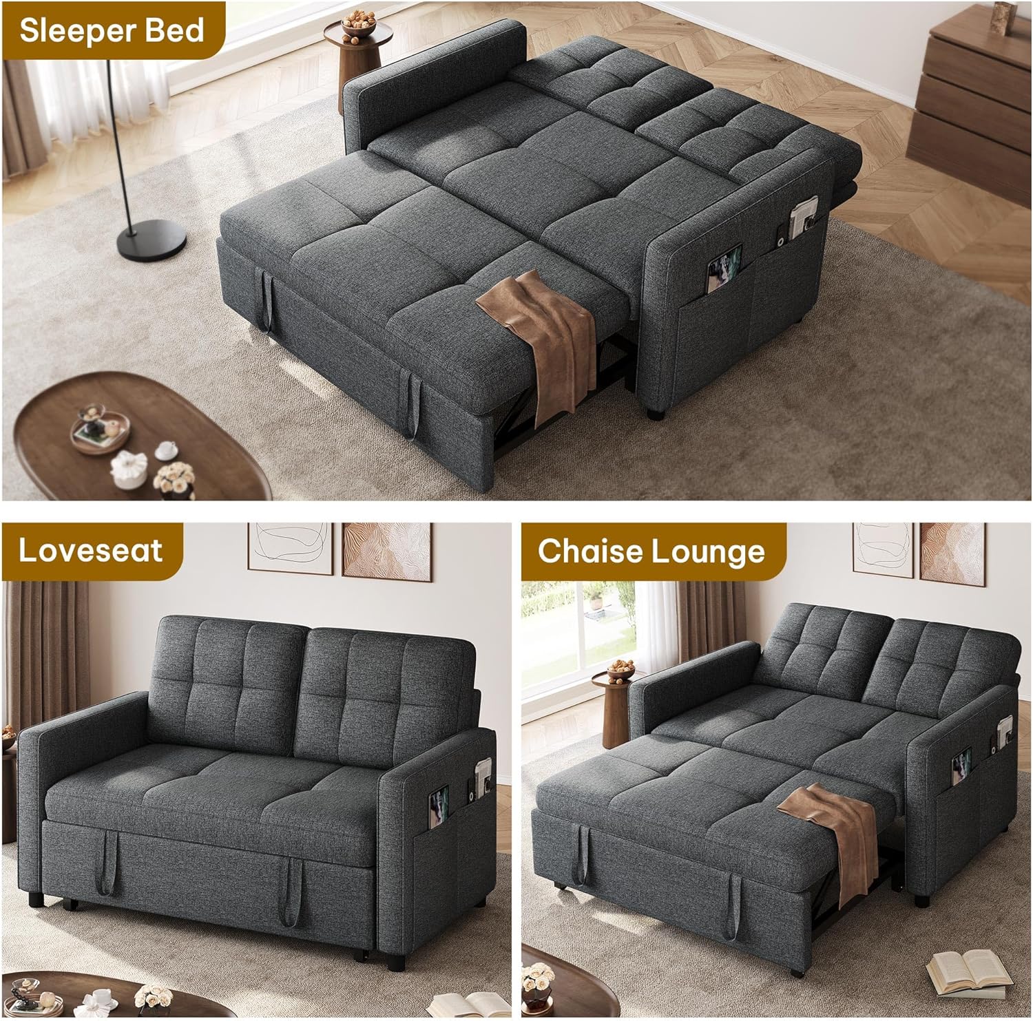 DWVO 55" Convertible Sofa Bed, 3-in-1 Sleeper Sofa with Pull-Out Bed, Linen Futon Couch with Adjustable Backrest and Side Pocket, Modern Loveseat for Living Room Apartment, Grey