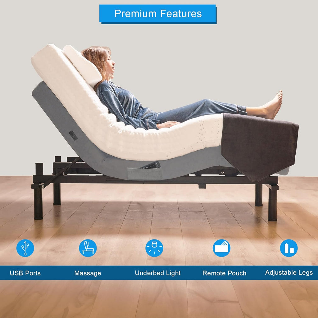 King Adjustable Base with 10 Inch Gel Memory Foam Mattress | Dual Massage | Underbed Light | Wireless Remote | USB Ports | Zero Gravity