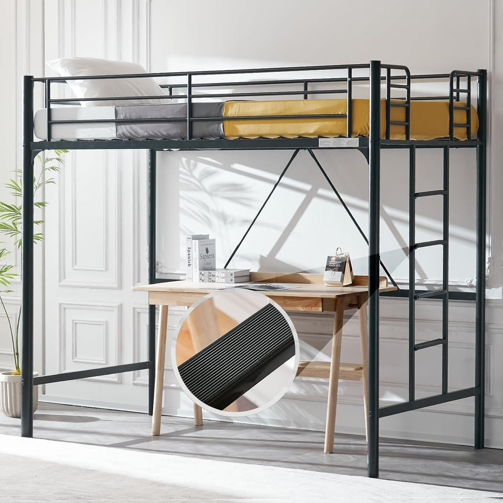 VINGLI 71 Inches Tall Loft Bed Twin Size with Flat Ladder Rung for Kids Teens Adults Heavy Duty Metal Single Bunk Bed Loft with Safety Guard Rails for Small Space, Black