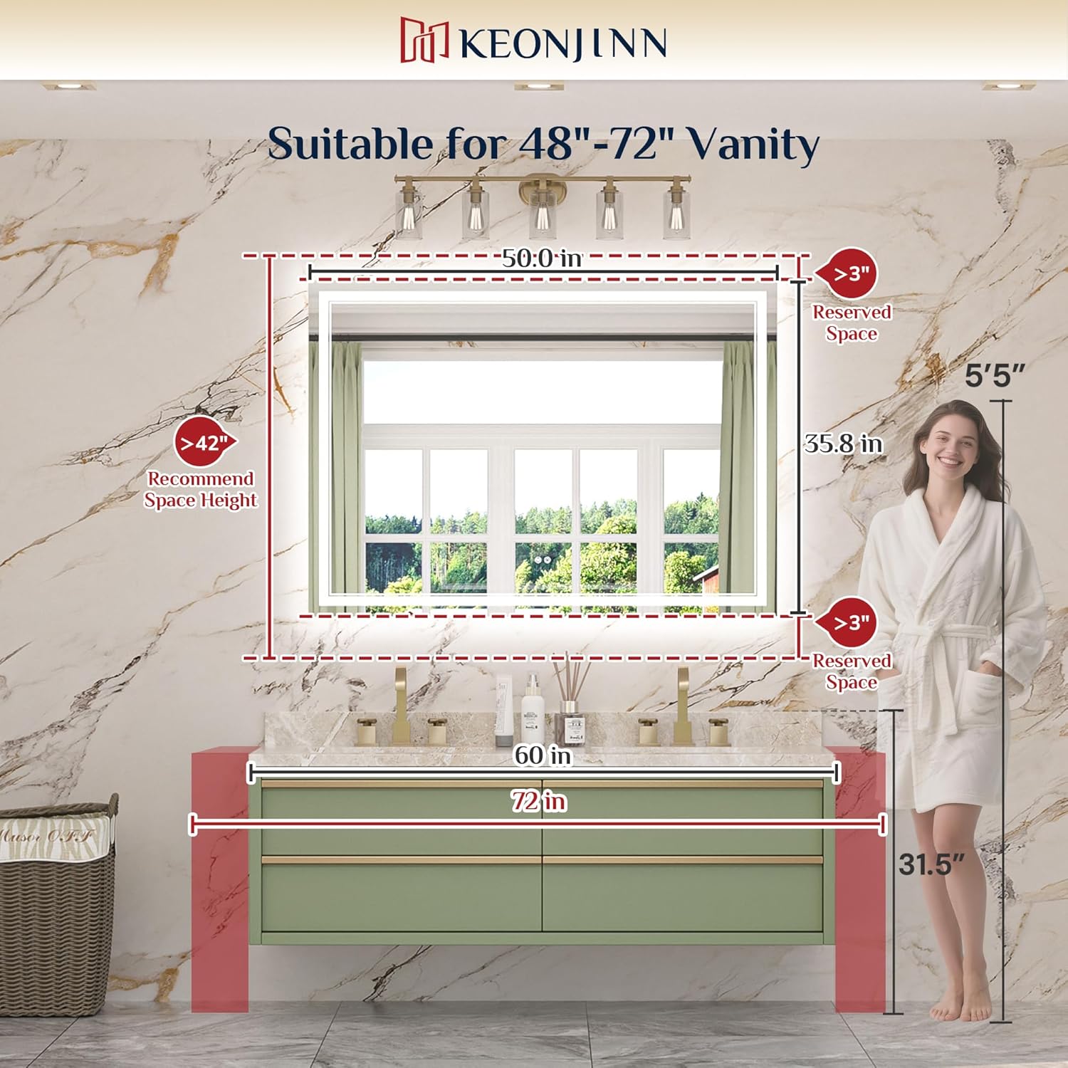 Keonjinn 50" x 36" Bathroom LED Mirror, Front & Back Lighted Mirror for Bathroom Wall, Tempered Glass, Safe Defogger, 3 Color Temperature, Dimmable, Memory Function, Light Up Vanity Mirror