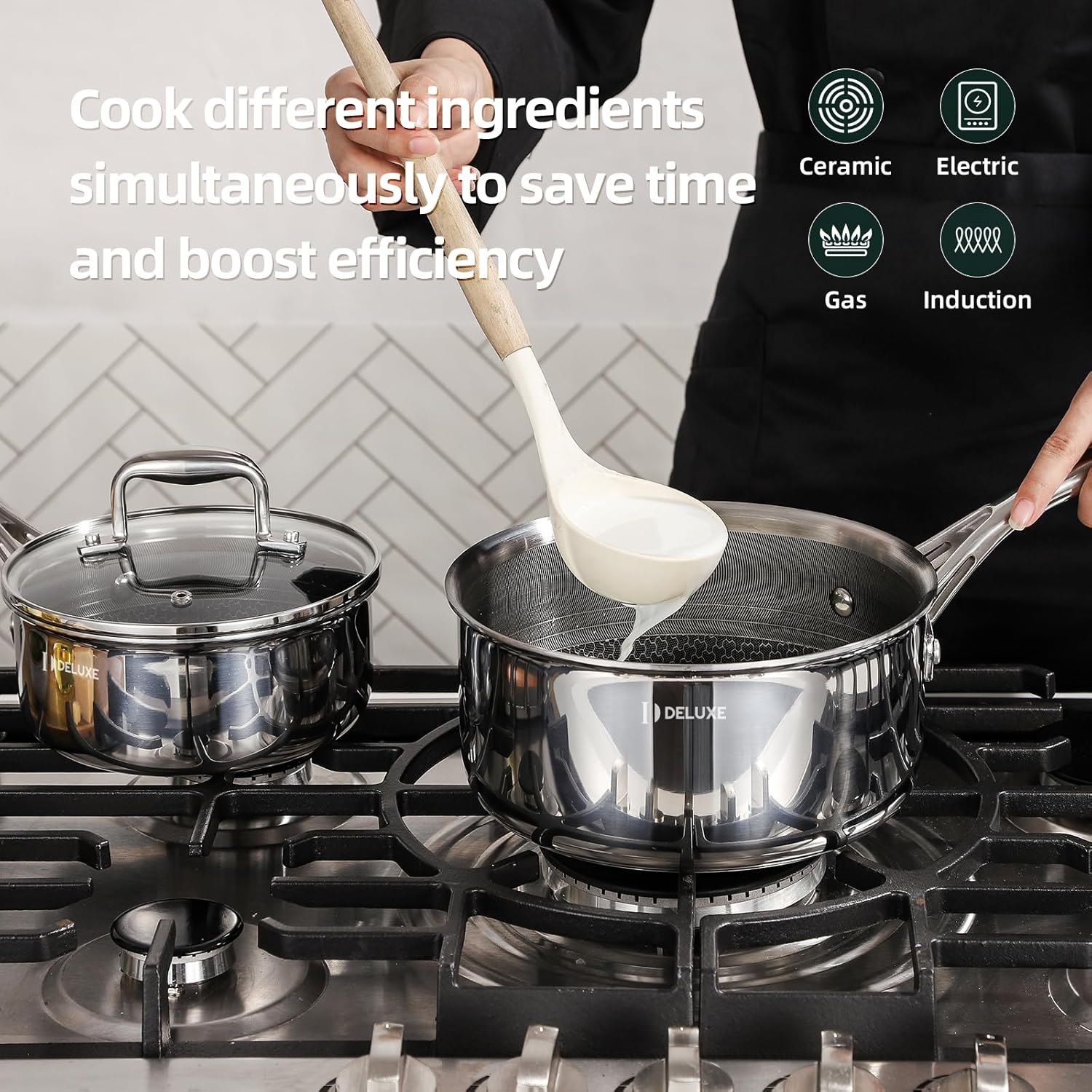 DELUXE Hybrid Ceramic Nonstick 6 PCS Pot Set, 1.3, 3&5.4-Quart Pot with Tempered Glass Lid, Stainless Steel Cookware Pots with Stay-Cool Handle, Dishwasher Safe, Compatible with All Cooktops