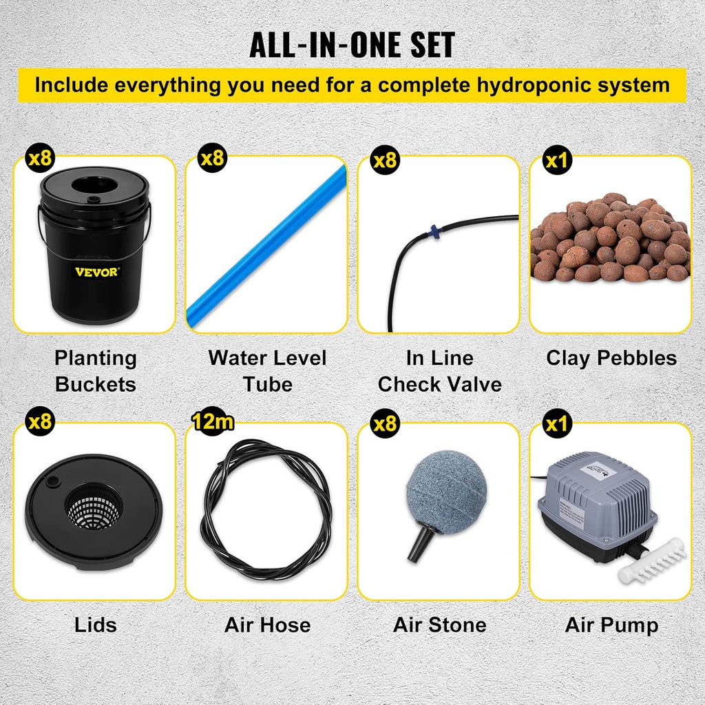 VEVOR DWC Hydroponic System  5 Gallon 8 Buckets  Deep Water Culture Growing Bucket  Hydroponics Grow Kit with Pump  Air Stone and Water Level Device  for Indoor/Outdoor Leafy Vegetables