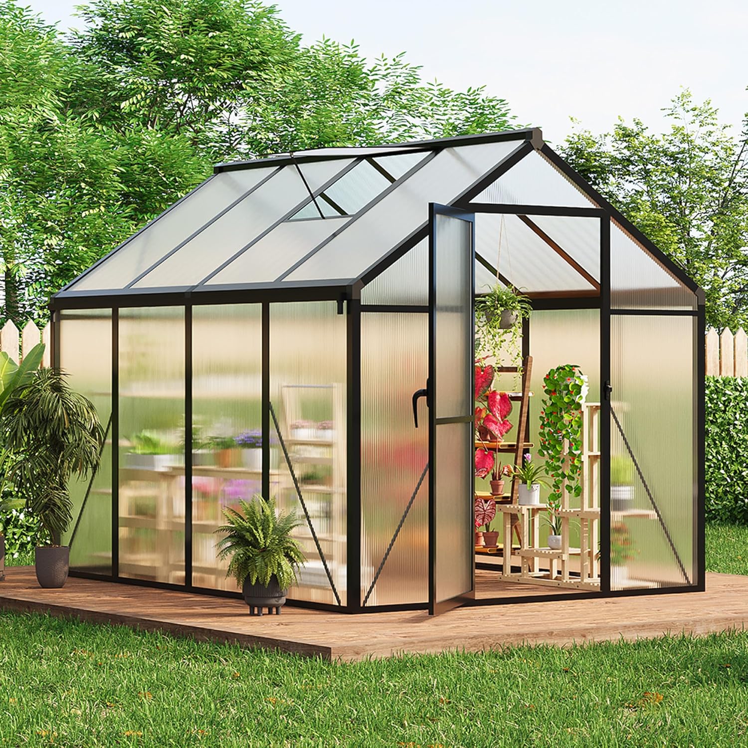 6 x 8 ft Greenhouse  Greenhouses for Outside  Polycarbonate Greenhouse with Aluminum Frame  Lockable Door and Ajustable Roof Vent for Backyard  Green Houses for Outside Garden Backyard  Patio