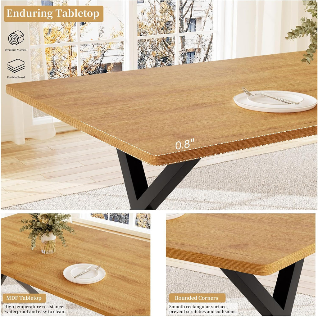 7-Piece Dining Table Set for 6 People, 63" MDF Kitchen Table with 6 Upholstered Chairs, Metal Legs for Dining Room, Kitchen(Oak Table+6 U-Shaped Black Chairs)