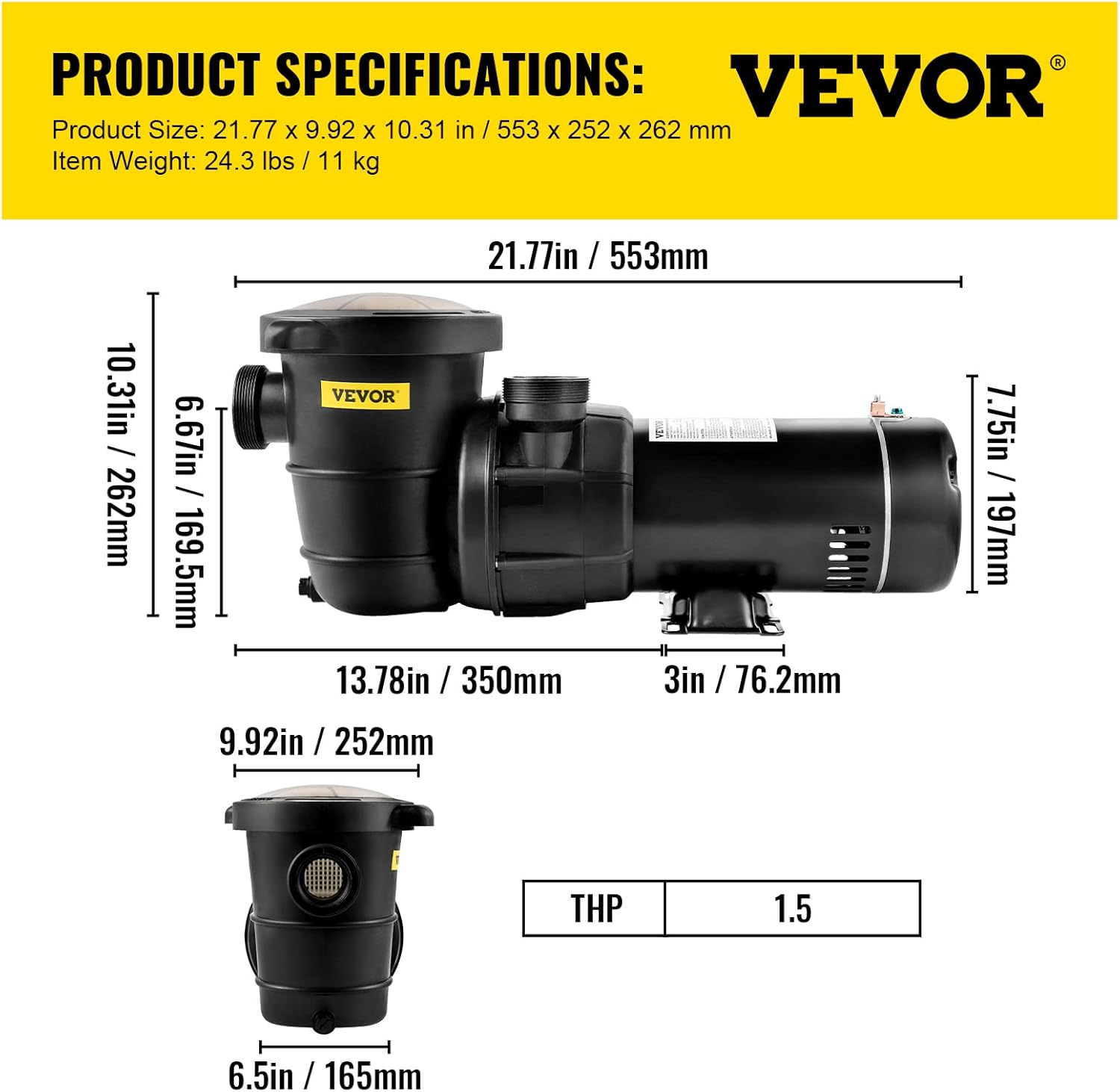 VEVOR Swimming Pool Pump  1.5 HP 115 V  1100 W Single Speed Pumps for Above Ground Pool w/Strainer Basket  5280 GPH Max. Flow  Certification of ETL for Security