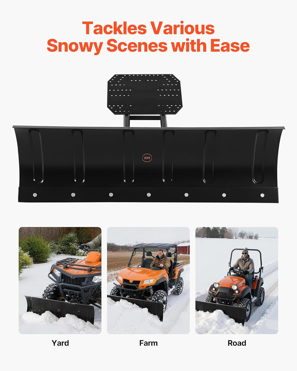 VEVOR Snow Plow Kit  48in Universal Snow Plow Attachment  Height & Left-Right Adjustable  Quick to Detach  Steel ATV Scrape Blade  3 Mount Options  Efficient Snows Clearing  for Most ATVs & UTVs