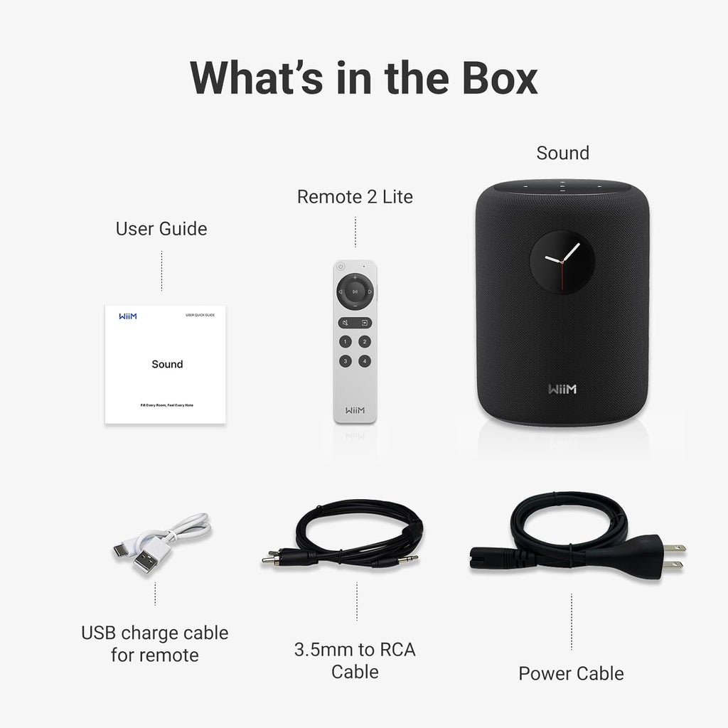 WiiM Sound Smart Speaker with 1.8″ Touch Display, Hi‑Res 24‑bit/192 kHz, AI RoomFit™ Room Correction, 100W Peak, Wi‑Fi 6E/Bluetooth 5.3, Multi‑Room & Stereo Pairing, Remote Included, Black