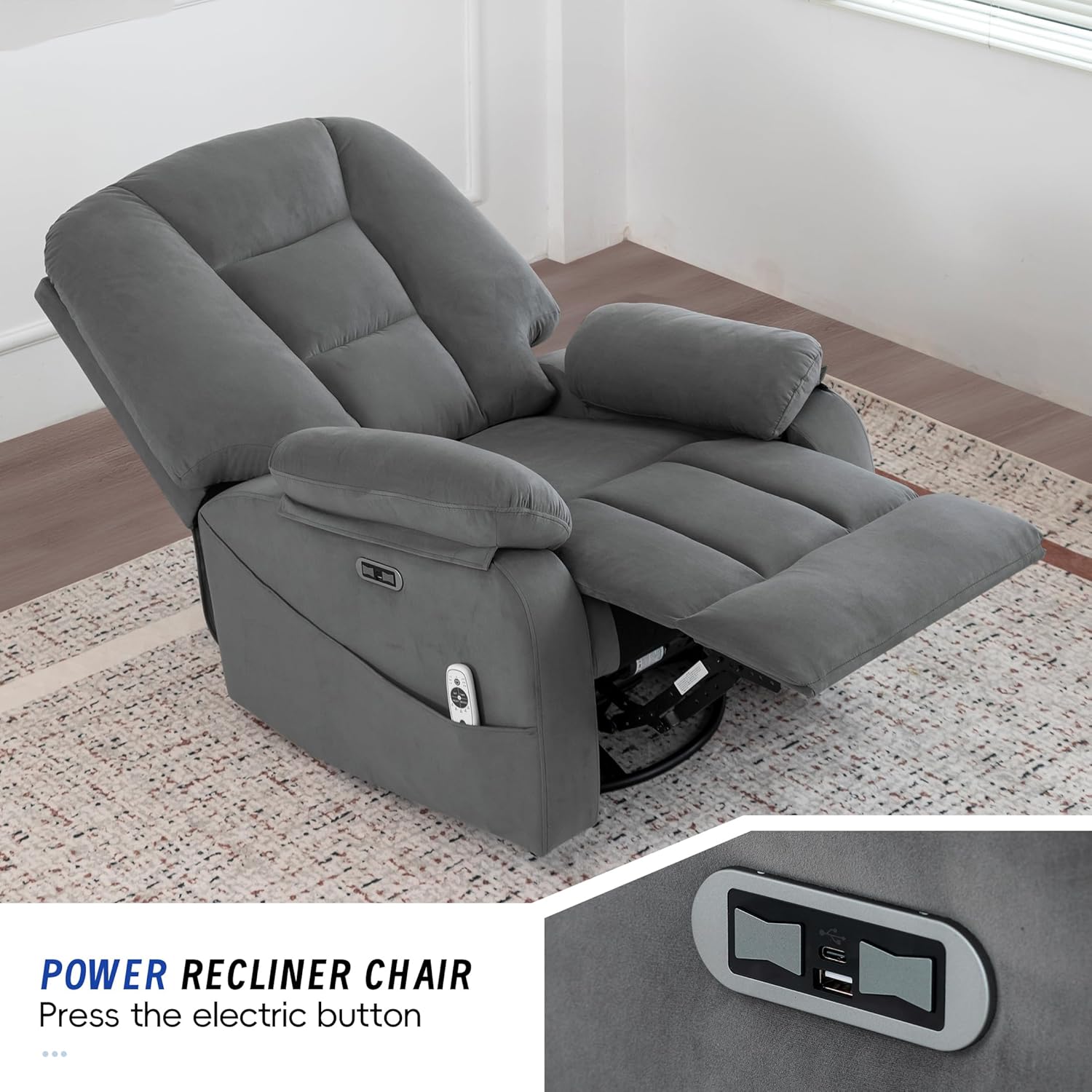 Power Swivel Rocker Recliner Chair for Adults,Rocking Recliners Chairs with Massage and Heat for Living Room, Electric Fabric Reclining Sofa Chair with USB and Type-C Port (Gray)
