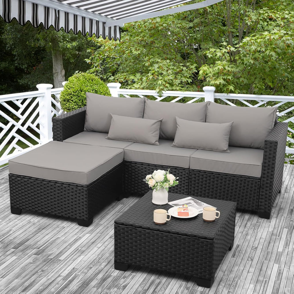 3 Pieces Patio Furniture Set Outdoor Sectional Wicker Patio Furniture Patio Couch with Ottoman and Outdoor Storage Table All-Weather Anti-Slip Cushions Waterproof Covers  Light Grey