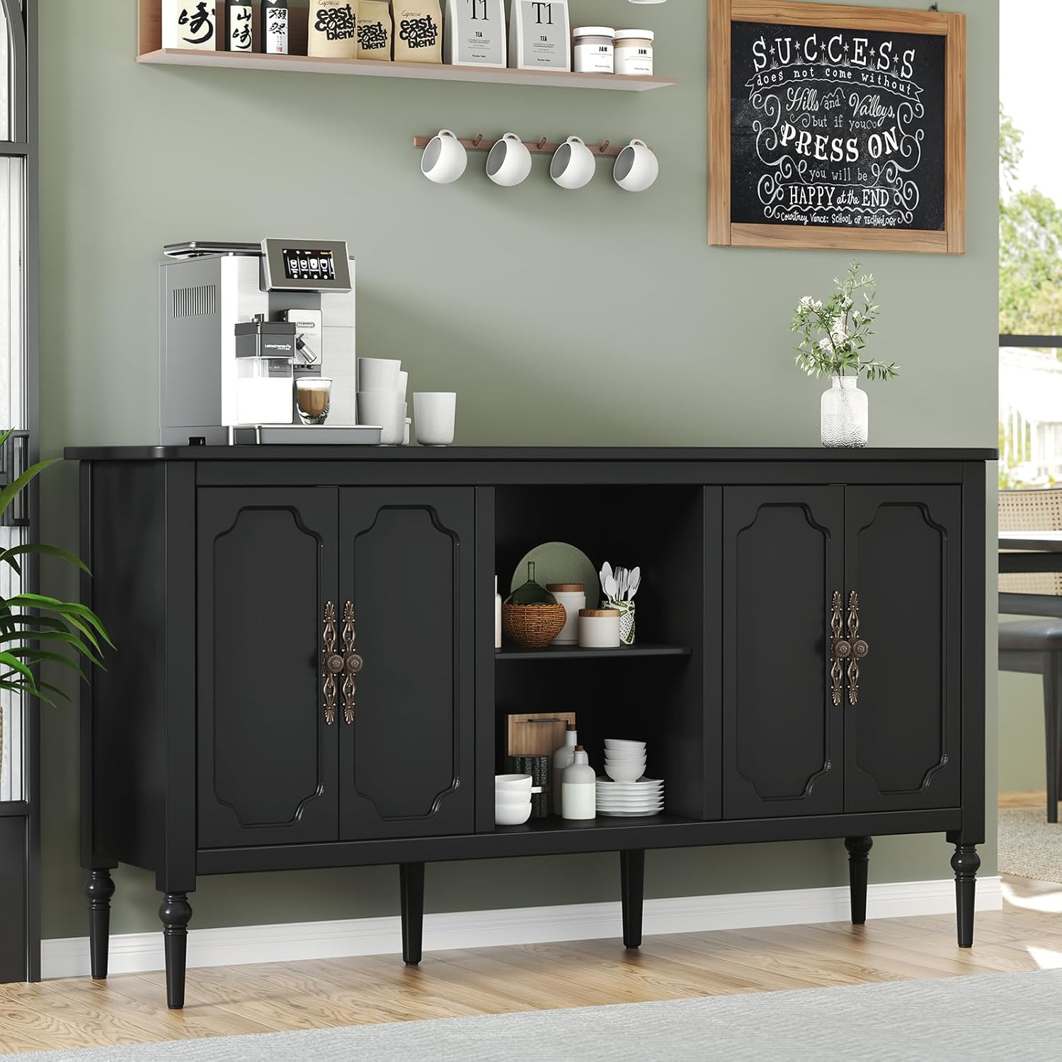 Vintage Buffet Sideboard Cabinet with 4 Doors, 59" Mid Century Modern Storage Cabinet with Shelf, Decorative Accent Credenza TV Stand (Black)