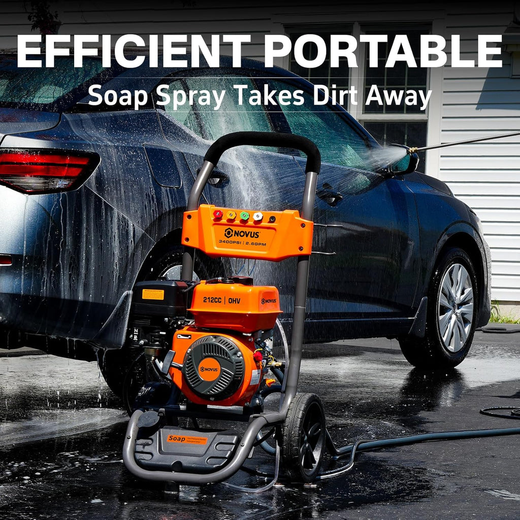 NOVUS Gas Pressure Washer 3400 PSI  2.6 GPM Power Washer with 30FT Extra-Long Hose  5 Nozzles  Onboard Soap Tank  212CC Engine  Spray Gun and Wand  for Vehicles Driveways Patios Fences Furniture
