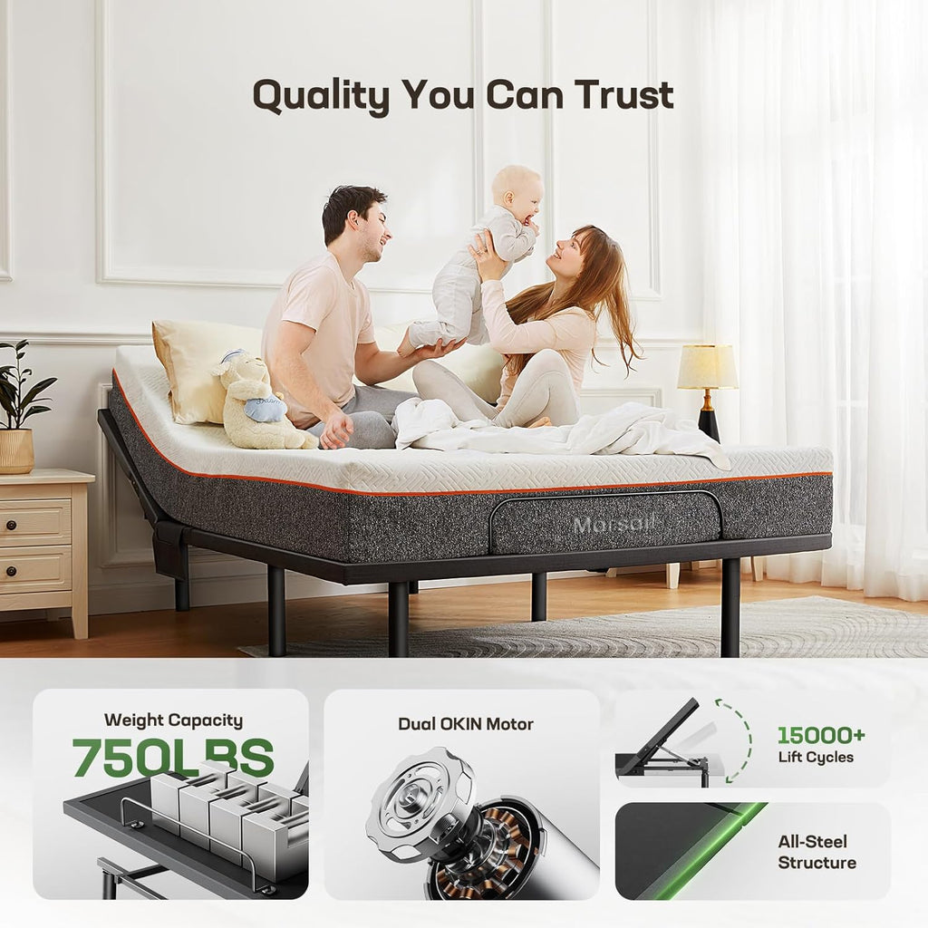 Marsail MS01-1 Queen Adjustable Bed Frame with Massage + 10-inch Gel Memory Foam Mattress, Adjustable Bed Base with Under-Bed Nightlight, Wireless Control Massage Adjustable Bed, Queen