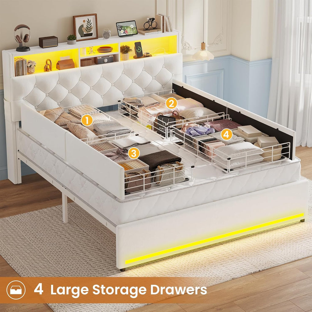 Queen Bed Frame with Bookcase Headboard,LED Bed Frame with 4 Storage Drawers,Power Outlet, Modern Velvet Upholstered Platform Bed with 5 Shelf, No Box Spring Needed, Creamy White