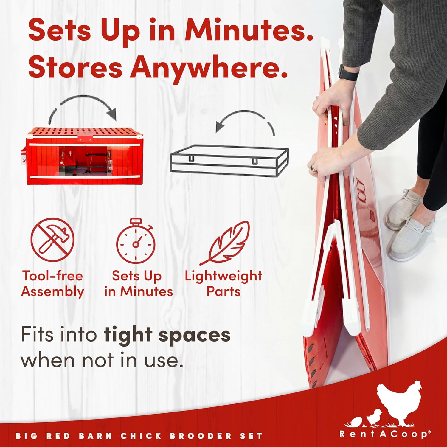 RentACoop Big Red Barn Chick Brooder Set | Durable  Lightweight  Easy-Clean  Multipurpose | with Heating Plate  Feeder  Waterer  Absorbent Hatchling Liners  Jute Liners  LED Light  Security Latch