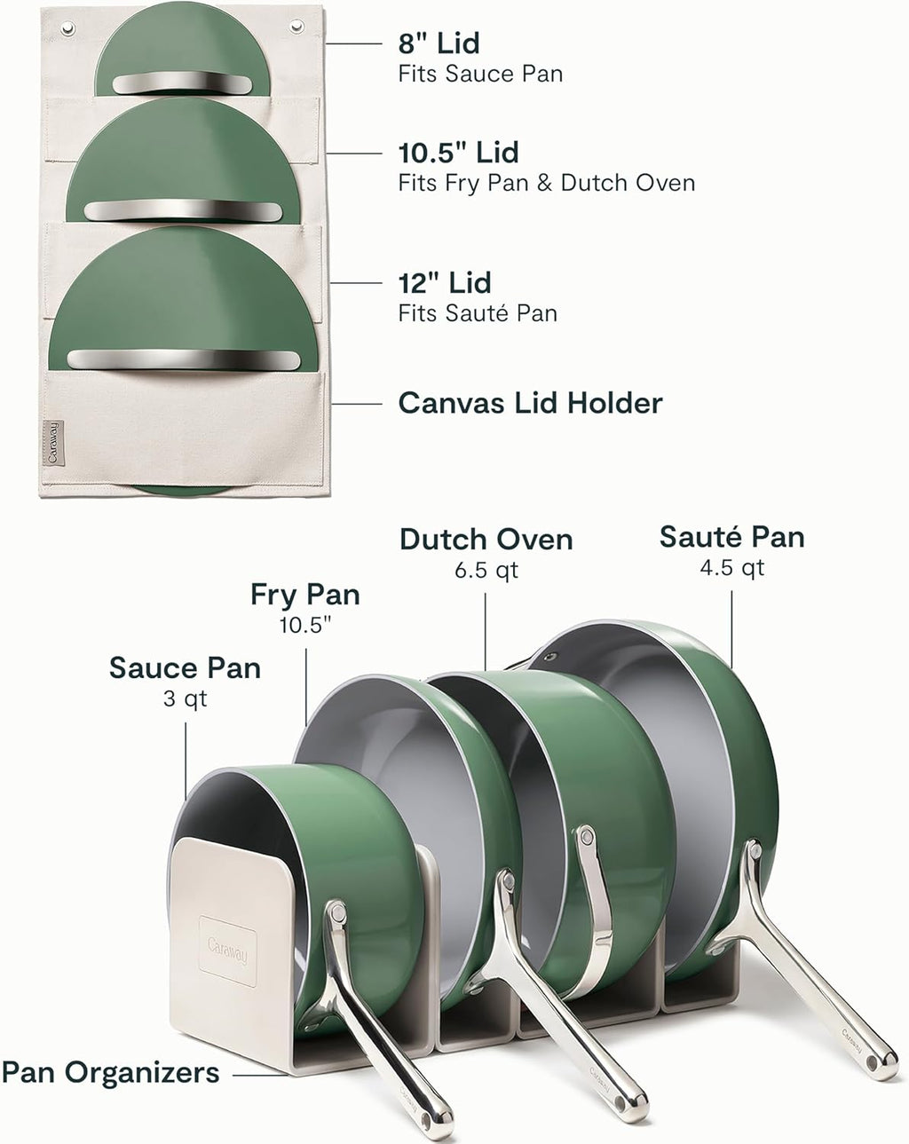 Caraway Non-stick Ceramic Cookware Set (12 Piece) Pots, Pans, Lids and Kitchen Storage - PFAS & PFOA Free - Oven Safe Pan Set & Compatible with All Stovetops - Sage