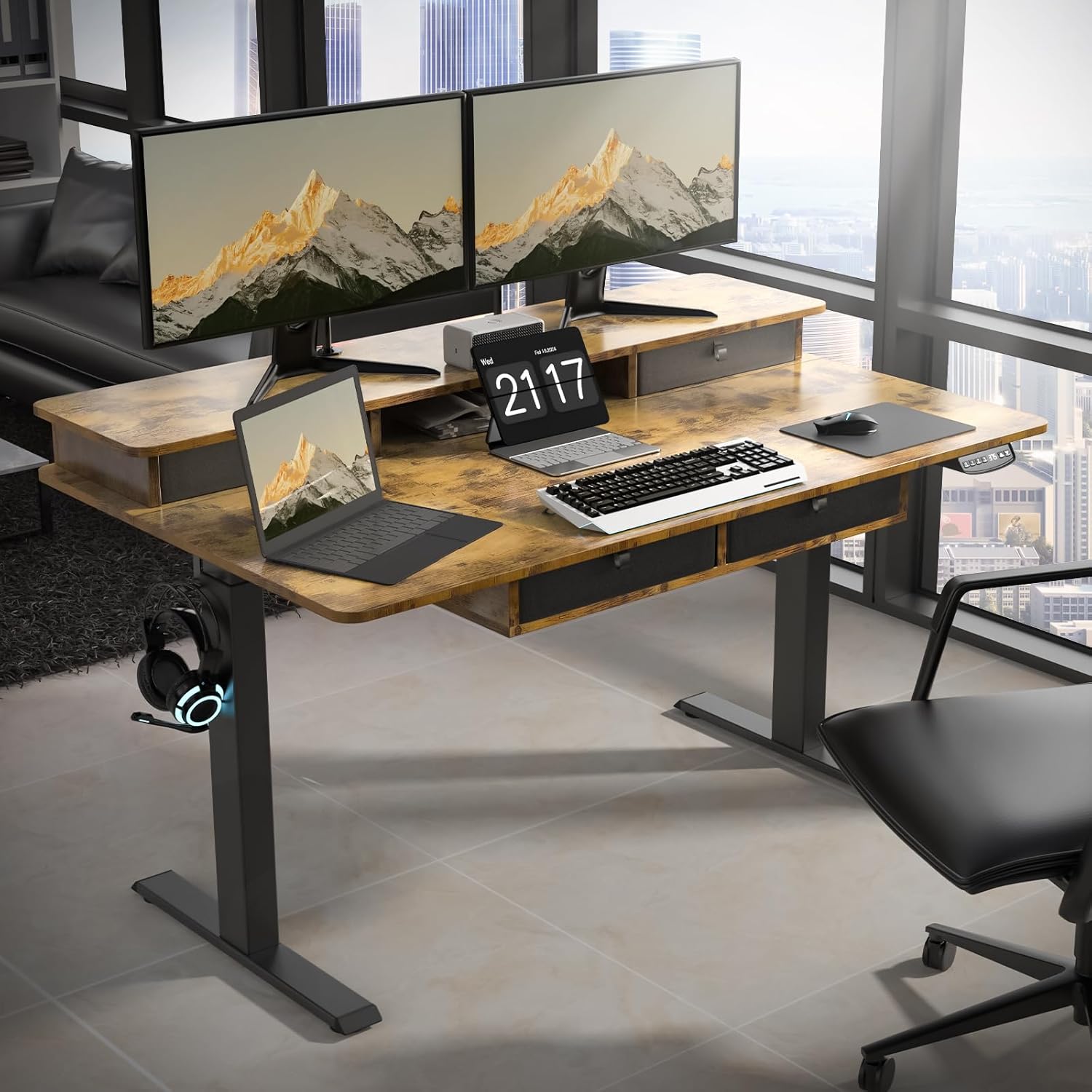 55 * 30 Inches Electric Standing Widened Desk Adjustable Height with 4 Drawers, Double Storage Shelves Stand Up Desk, Home Office Workstation Sit Stand up Desk (Rustic Brown)